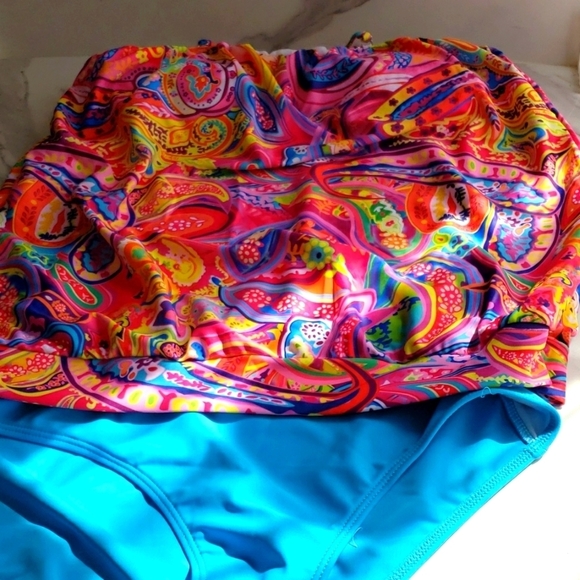 Chenghe Bandeau Blouson Tankini Top High Waisted Bottom Paisley Print Set Size M - Picture 4 of 13